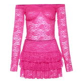 Lace off shoulder ruffle long sleeve solid mini skirt set